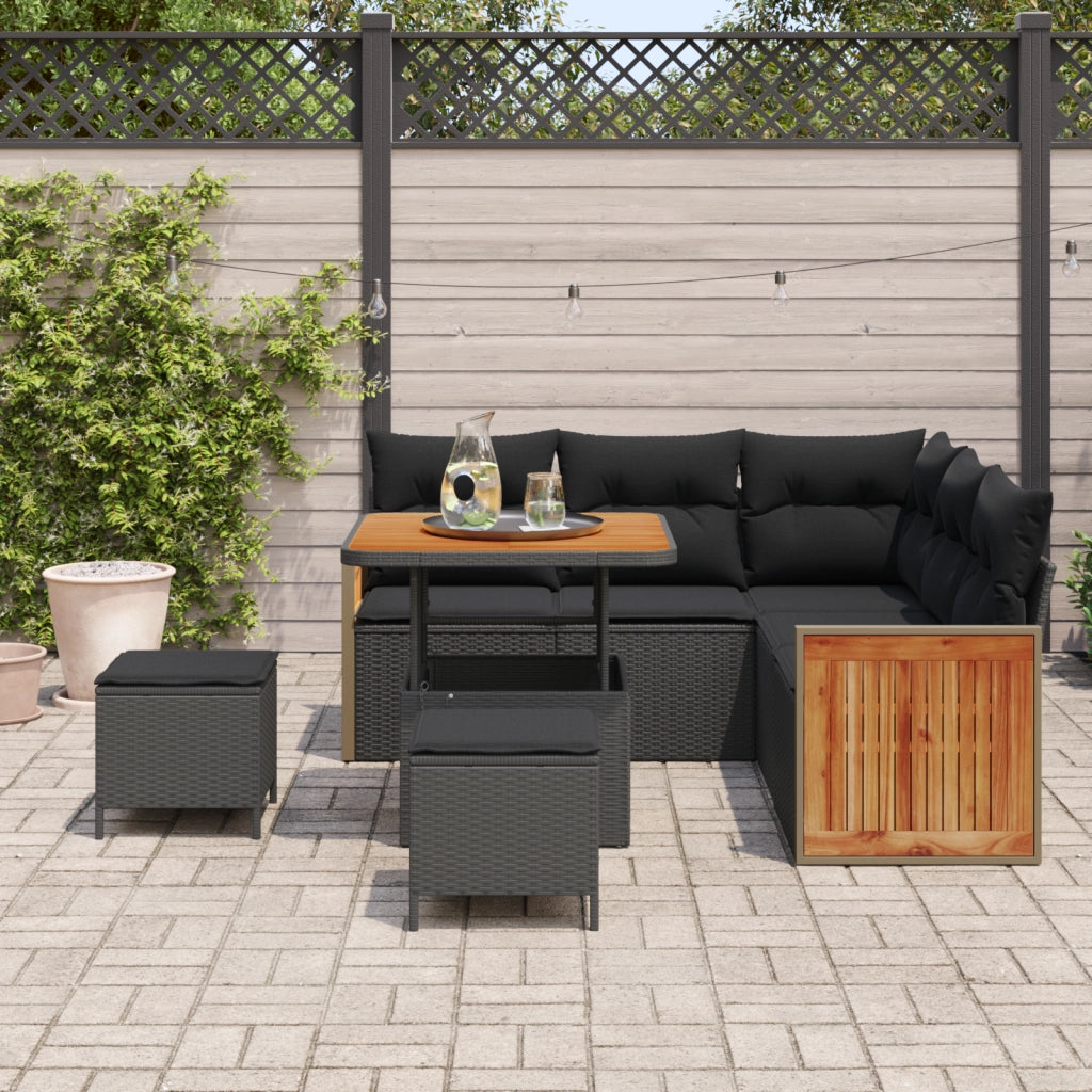 Set Divano da Giardino 8 Pezzi con Cuscini Nero Polyrattan Acacia