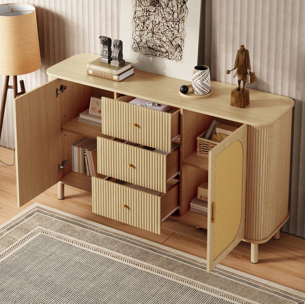 MADIA 140x40x80 cm in MDF colore naturale con ante in rattan e cassetti