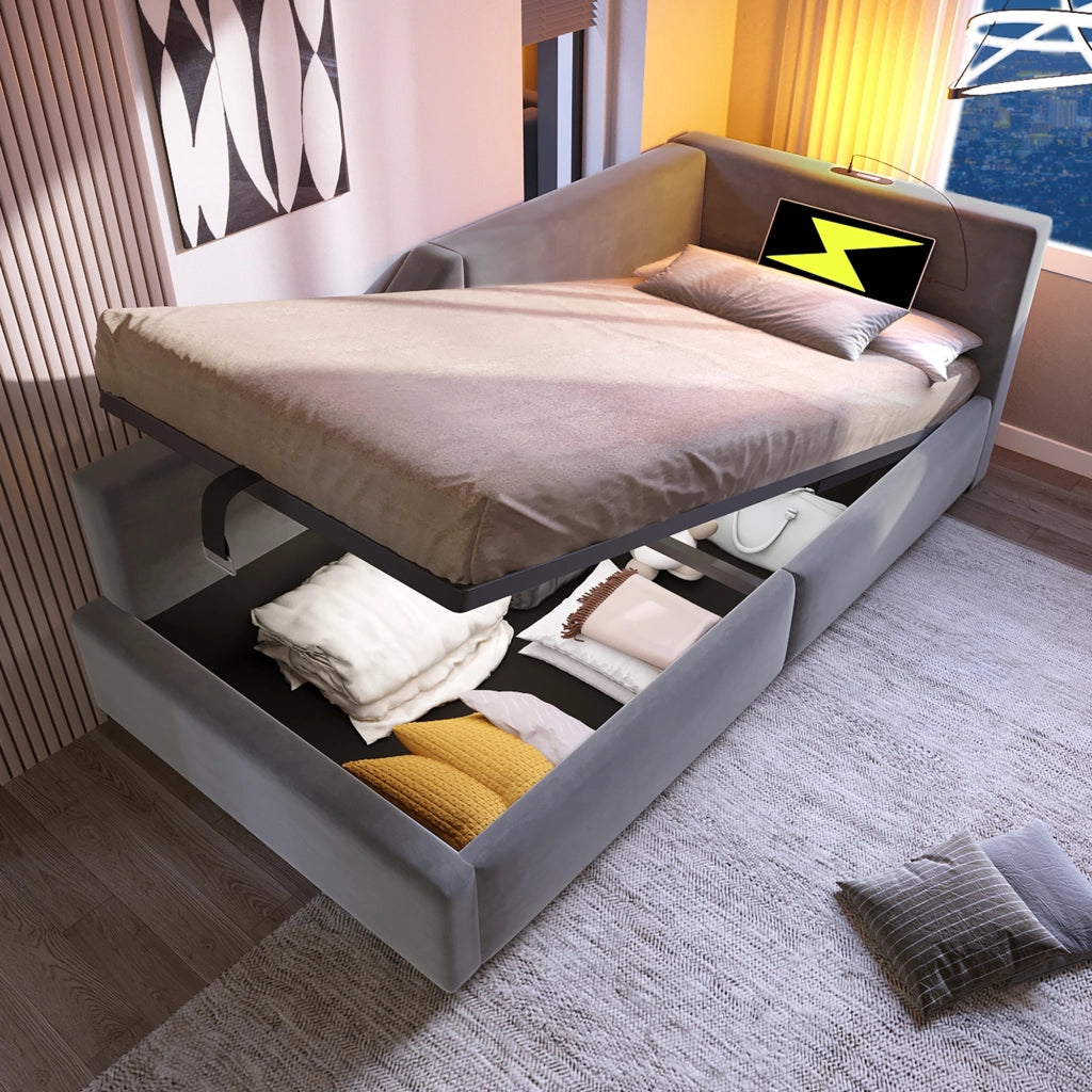 LETTO Contenitore 90x200 cm in velluto grigio con lampada da lettura e USB-C