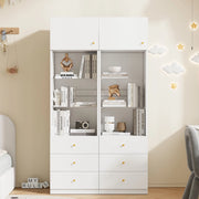 Set di 2 vetrine 50x40x180 cm con cassetti e ripiani in vetro, in MDF bianco