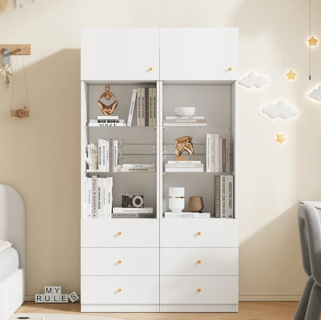 Set di 2 vetrine 50x40x180 cm con cassetti e ripiani in vetro, in MDF bianco