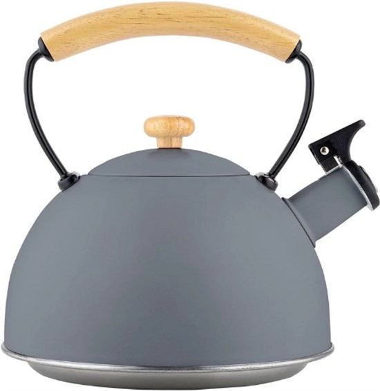 Acquaio Induttivo a Stomaco - Bollitore 2,3L - Acciaio Inossidabile - Manico in Legno Cool-Touch - Adatto a Tutti i Forni - Teiera Vintage - Grigio