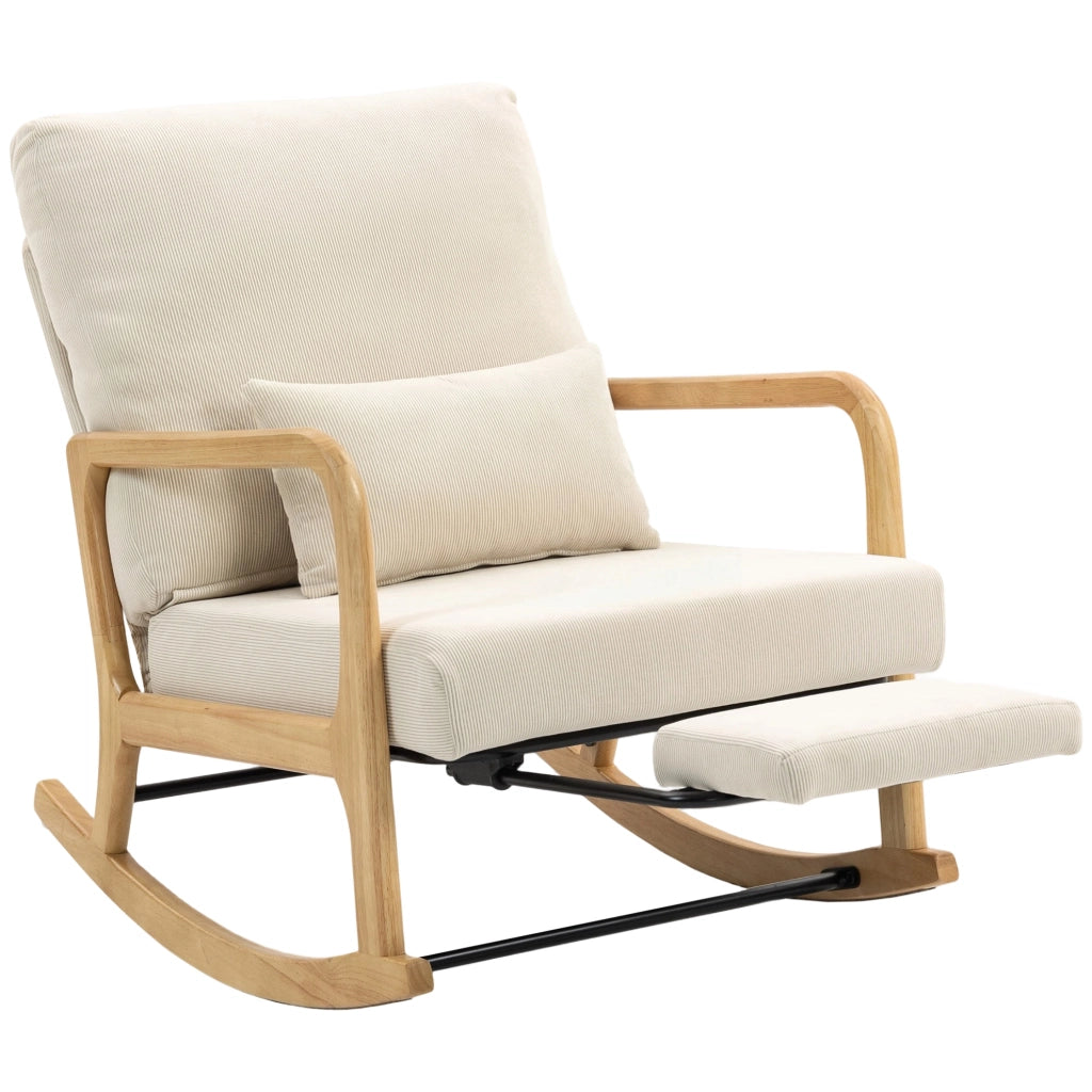 Poltrona a Dondolo con Poggiapiedi e Schienale Aggiustabile ¨C Zephmum ¨C Velluto Crema e Gambe in Legno
