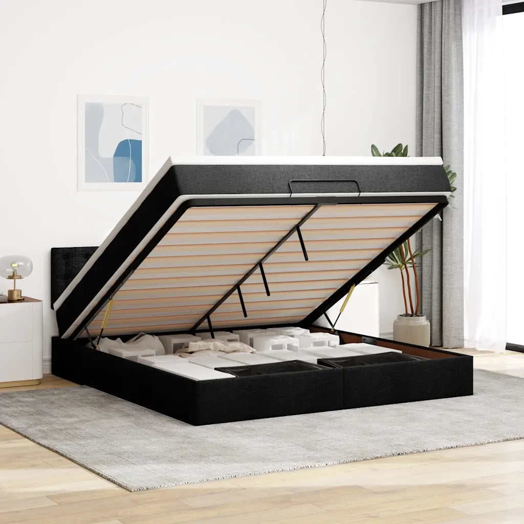 Struttura Letto Pouf con Materasso Nero 180x200 cm in Tessuto 3311645