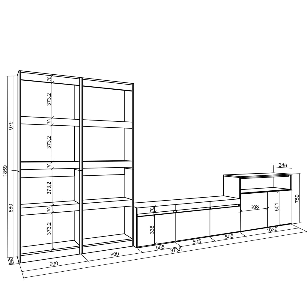 Mobile TV, Soggiorno, 370x35x186cm, Per TV fino a 65", Set di mobili, colore Rovere e nero RF3181