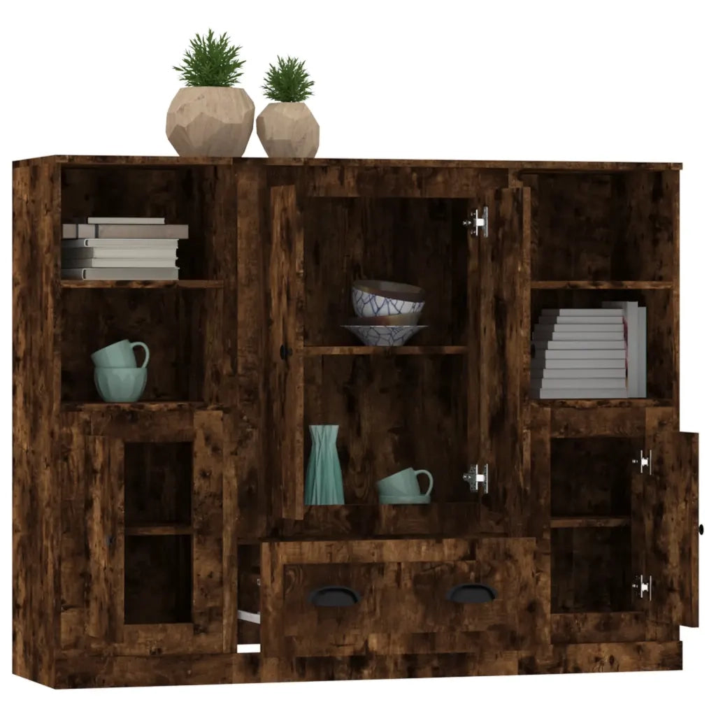 Credenze 3 pz | Madia | Buffet da pranzo | Armadio da pranzo Rovere Fumo in Legno Multistrato