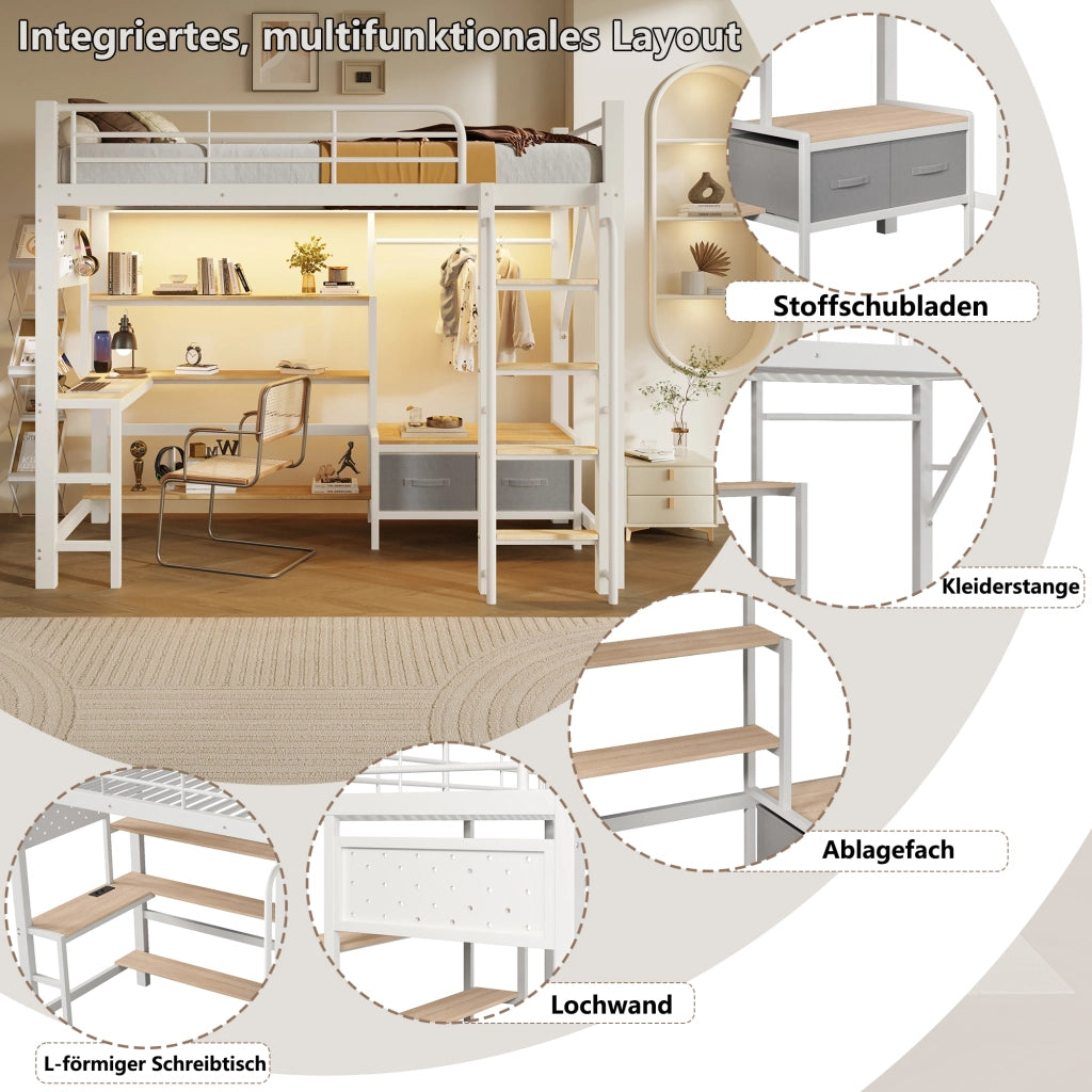Letto a soppalco in metallo con scrivania, LED e USB, 90x200 cm, bianco