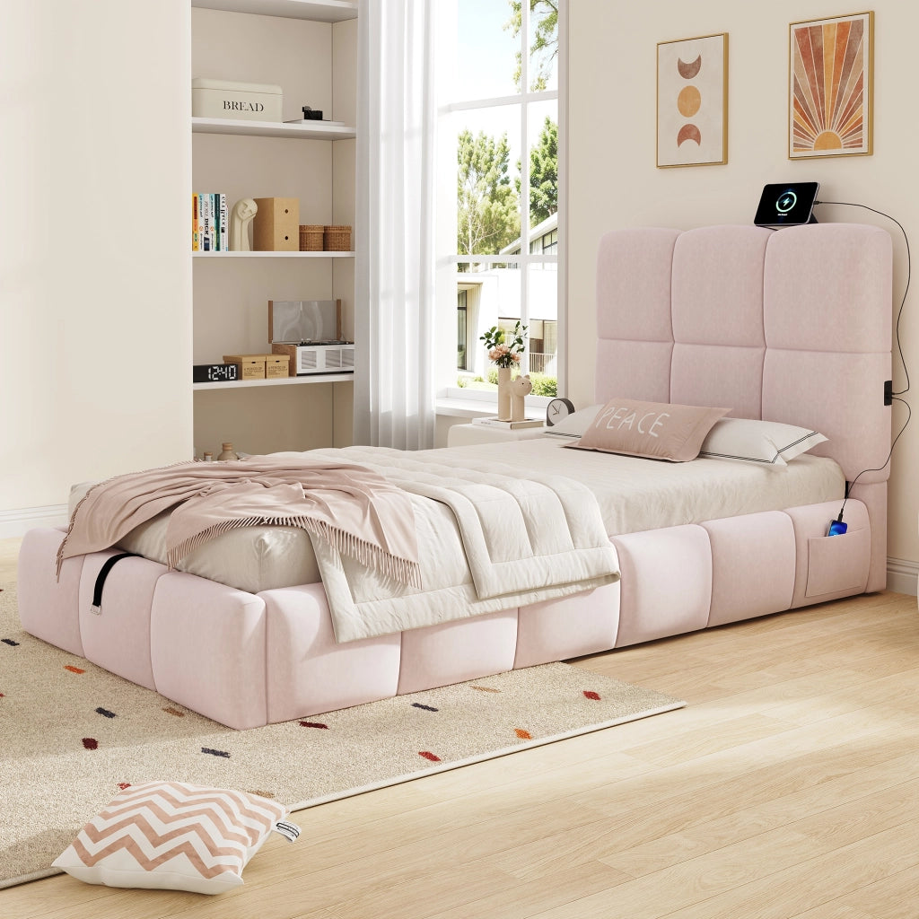 Letto imbottito 90 x 200 cm, letto per bambini, con vano portaoggetti, presa di ricarica USB, velluto, rosa