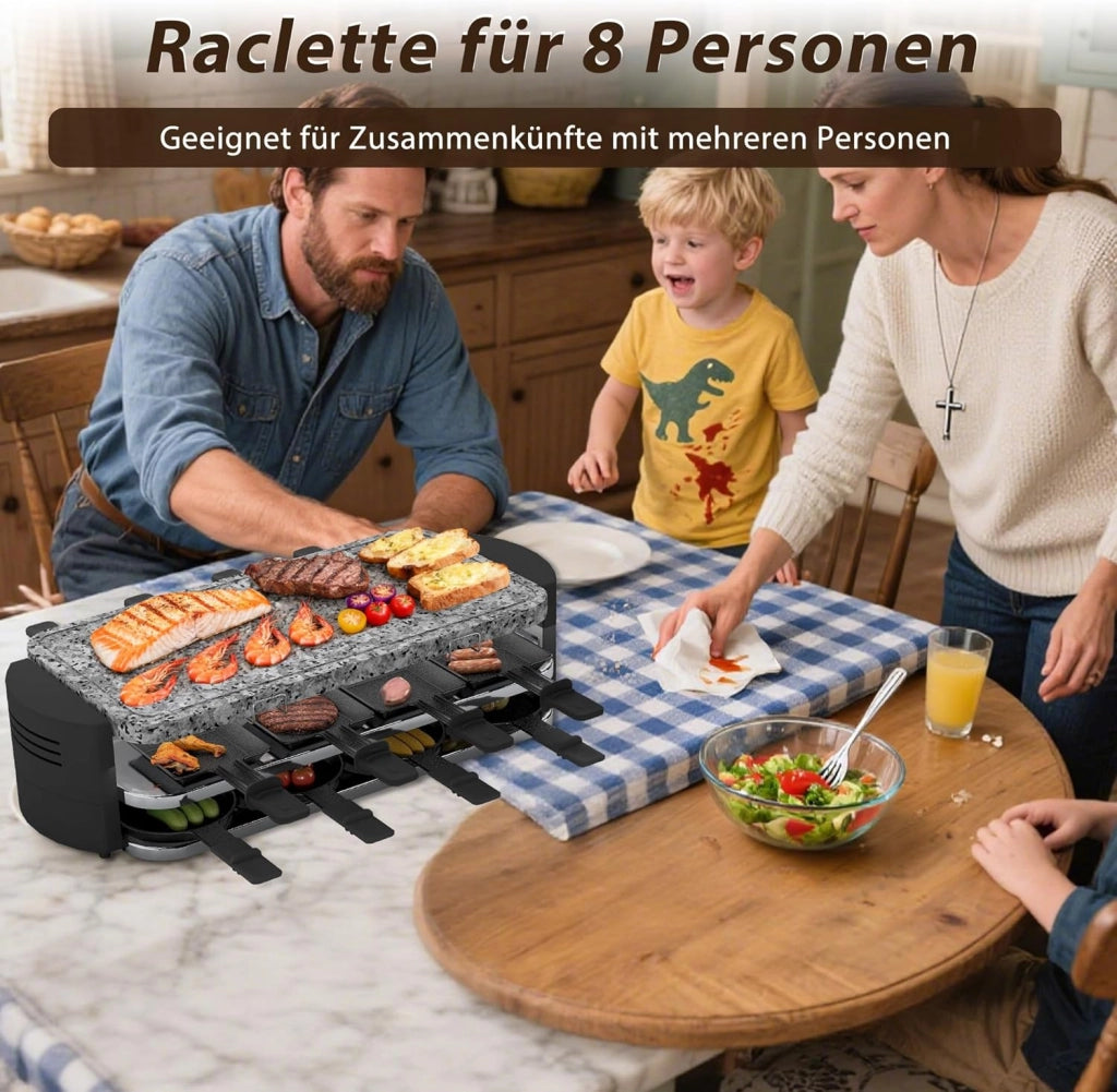 Raclette - Griglia per raclette per 8 persone, 1600 W, con 14 padelle, piastra in granito e piastra antiaderente, griglia elettrica da tavolo, per feste, griglia elettrica, regolazione della