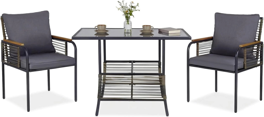 Set Salottino da Giardino in Vimini, Set di Mobili da 3 Pezzi per Esterno Salvaspazio con Cuscini, Tavolo Rettangolare e Sedie in Rattan per Balcone, Veranda, Giardino e Cortile (Beige)