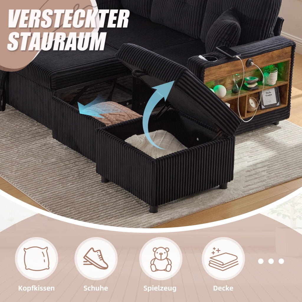 Divano convertibile in velluto a coste con letto estraibile, USB-C, LED, porta bicchieri e contenitore nero