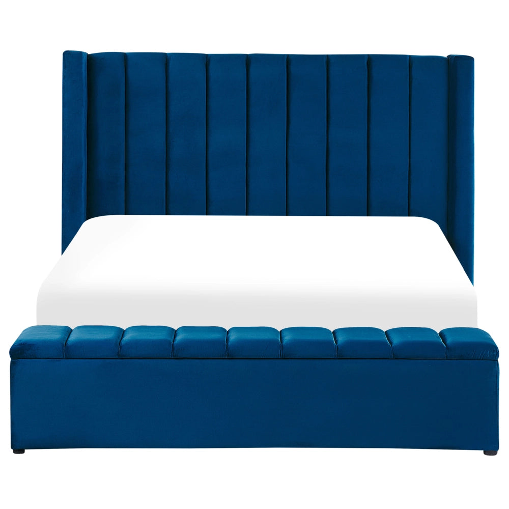 Letto matrimoniale ad acqua in velluto blu marino con cassapanca 160 x 200 cm moderno glam morbido materasso camera da letto