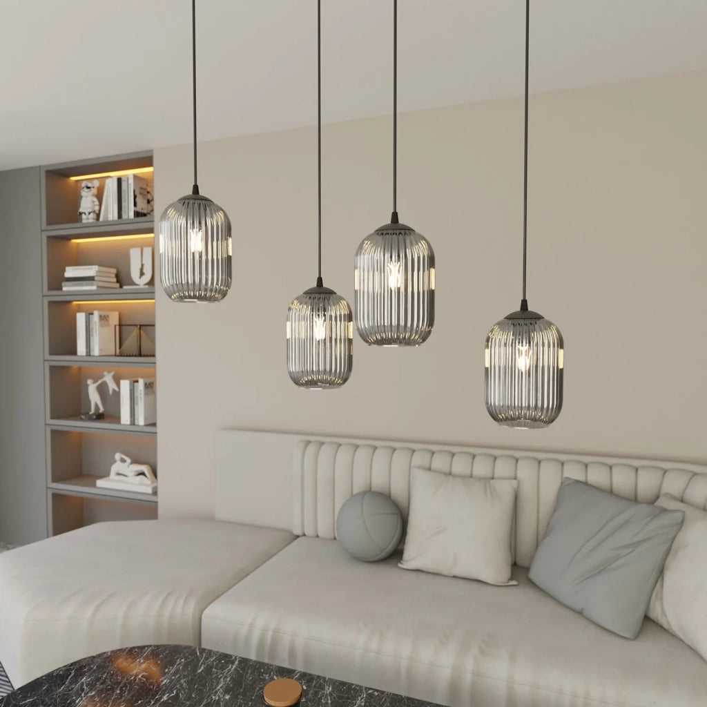 Lampadario 4 Luci Selene In Acciaio Nero E Vetri Plissettati Fumè