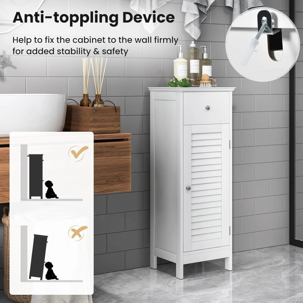 Armadietto portaoggetti da pavimento per bagno, autoportante, con 1 anta, 1 cassetto e ripiano regolabile a 3 altezze, armadio sottile, organizer per camera da letto, soggiorno, corridoio