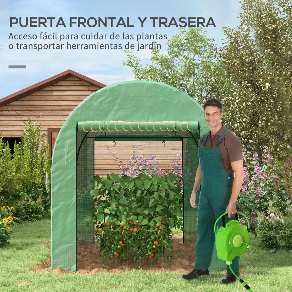 Serra Tunnel con 2 Porte a Rullo 2 Finestre in Rete e Struttura in Acciaio Copertura PE 135g/m2 Anti-UV Verde ¨C zephmum ¨C Verde Acciaio