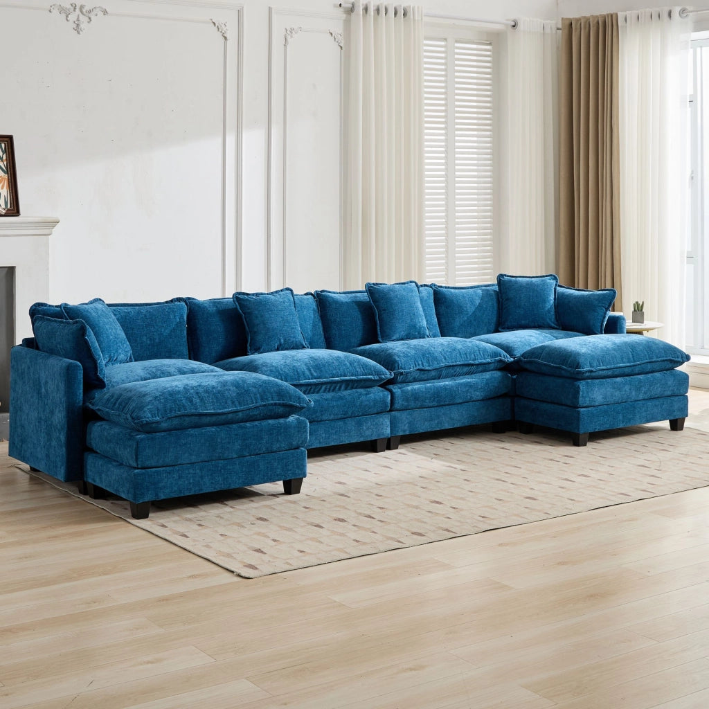 Divano modulare 4 posti con cuscini ergonomici e seduta imbottita in tessuto chenille blu 75 × 380 × 84 cm