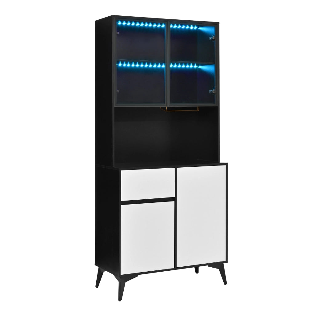 Credenza alta con 2 ante in vetro, LED da app, 1 cassetto e 2 vani, per cucina e soggiorno, MDF, nero e bianco