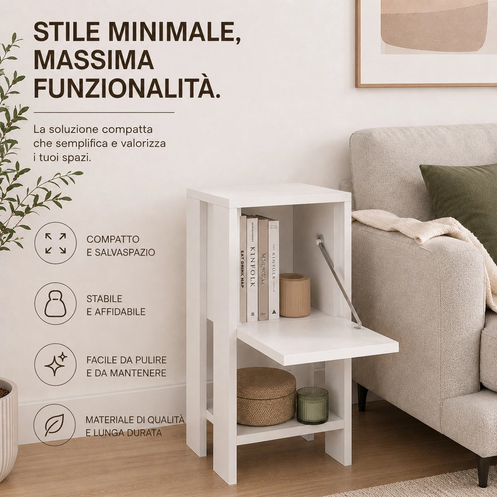 Comodino Mobiletto 2 Ripiani con Anta Tavolino Design Moderno in legno Bianco