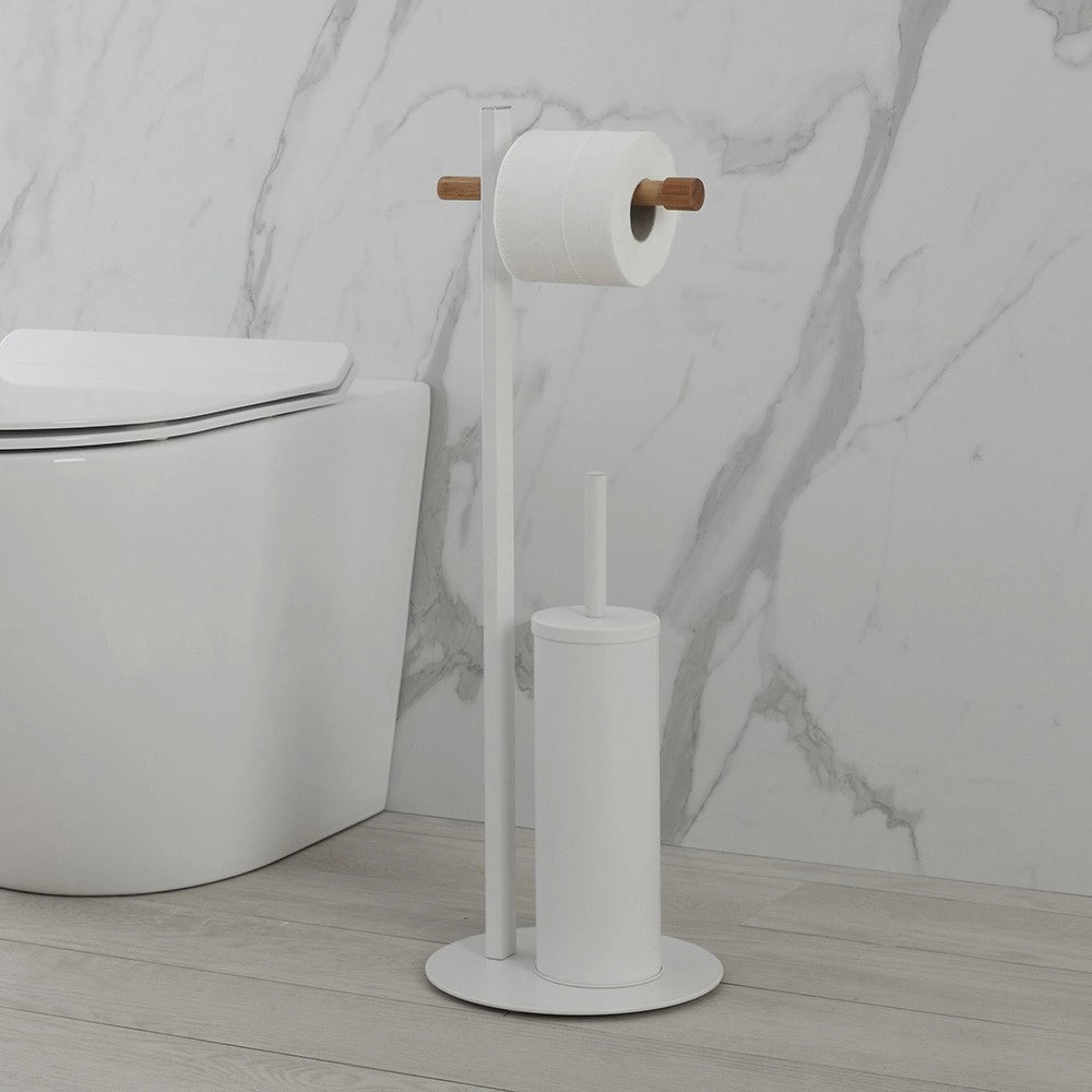 Piantana Portascopino e Porta Rotolo Bianca in Legno di Bambù