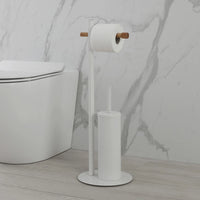 Piantana Portascopino e Porta Rotolo Bianca in Legno di Bambù