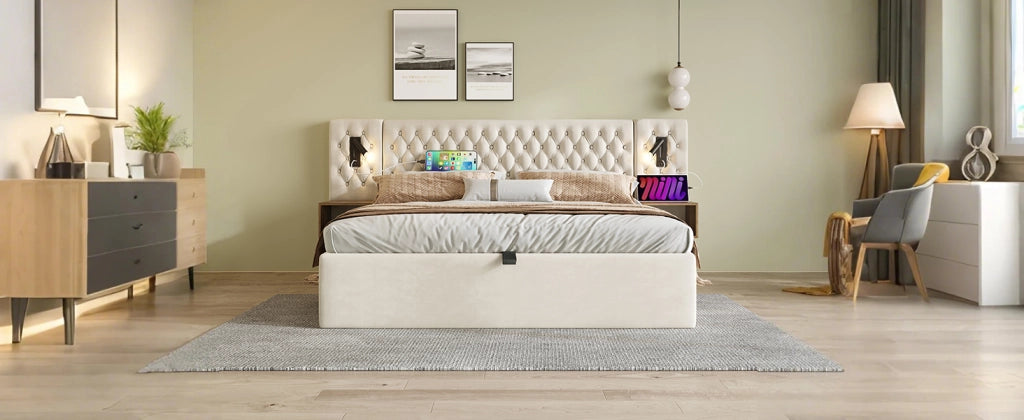 DESMIU Letto Contenitore Letto Matrimoniale con 2 Comodini, USB, Type-C e Luci da Lettura 160 × 200 cm Senza Materasso