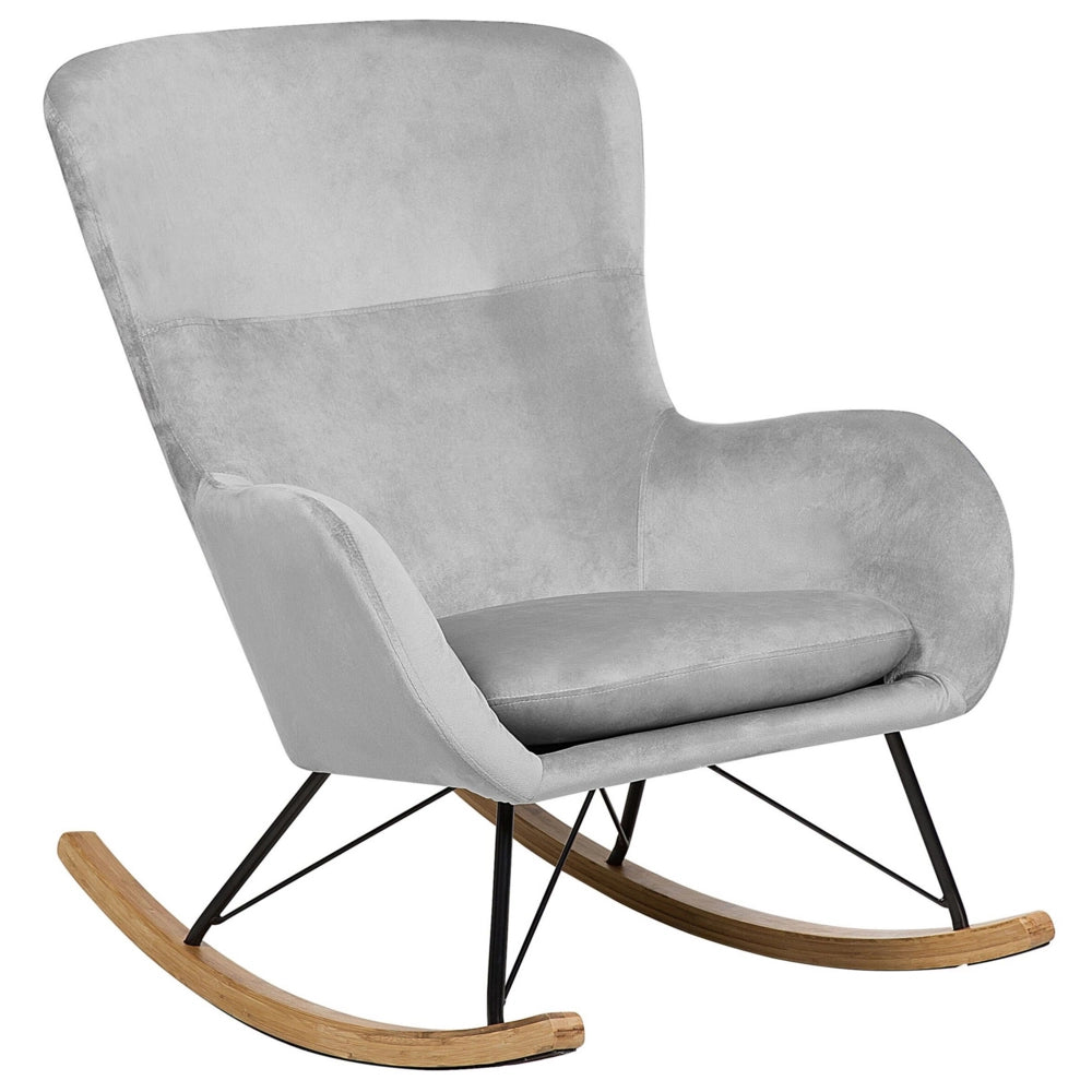 Sedia A Dondolo Velluto Grigio Chiaro Gambe In Metallo Pattini In Legno Moderna