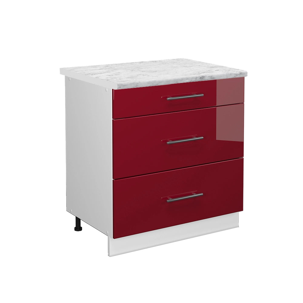 Mobiletto base per cucina Fame-Line Bordeaux lucido/Bianco 80 cm con 3 cassetti, PL Marmo Vicco