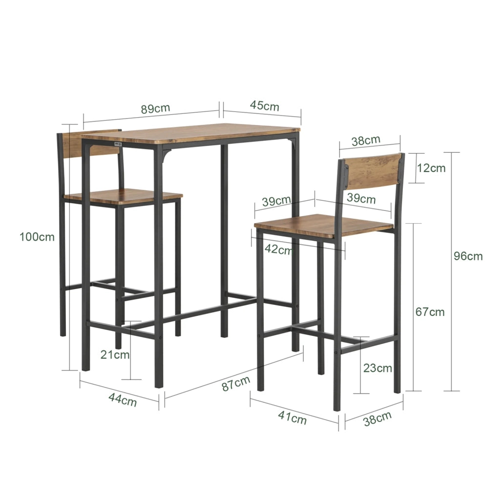 Set 3 Pezzi Tavolo con 2 sgabelli Alto Mobile Bar per casa Stile Vintage, Marrone scuro, L89*P45*,A100 cm OGT03-XL
