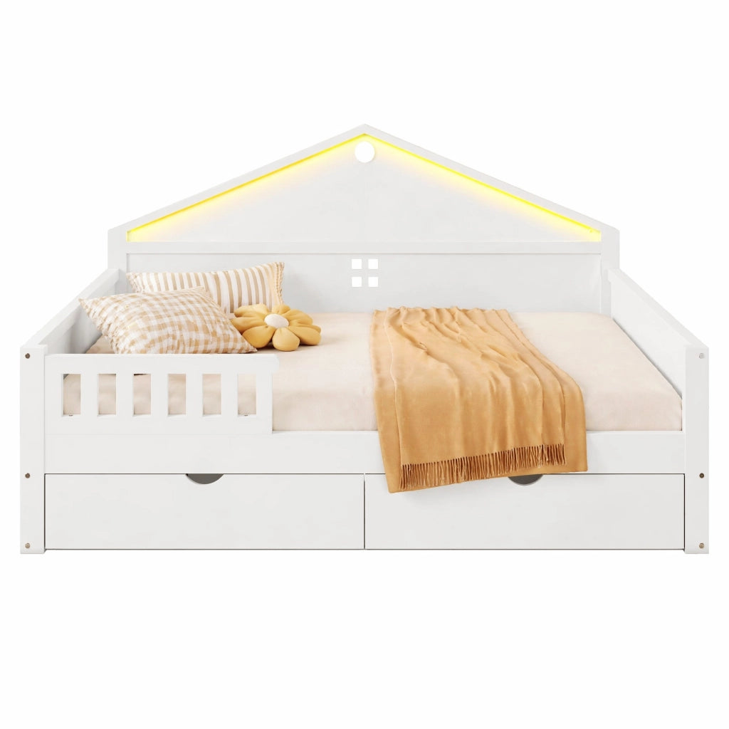 Letto singolo multifunzione 140x200 cm con LED; 2 cassetti; bianco