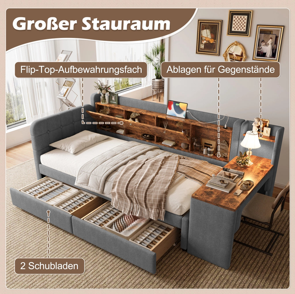Letto da giorno 90x200 cm con cassetti, scrivania e porte USB