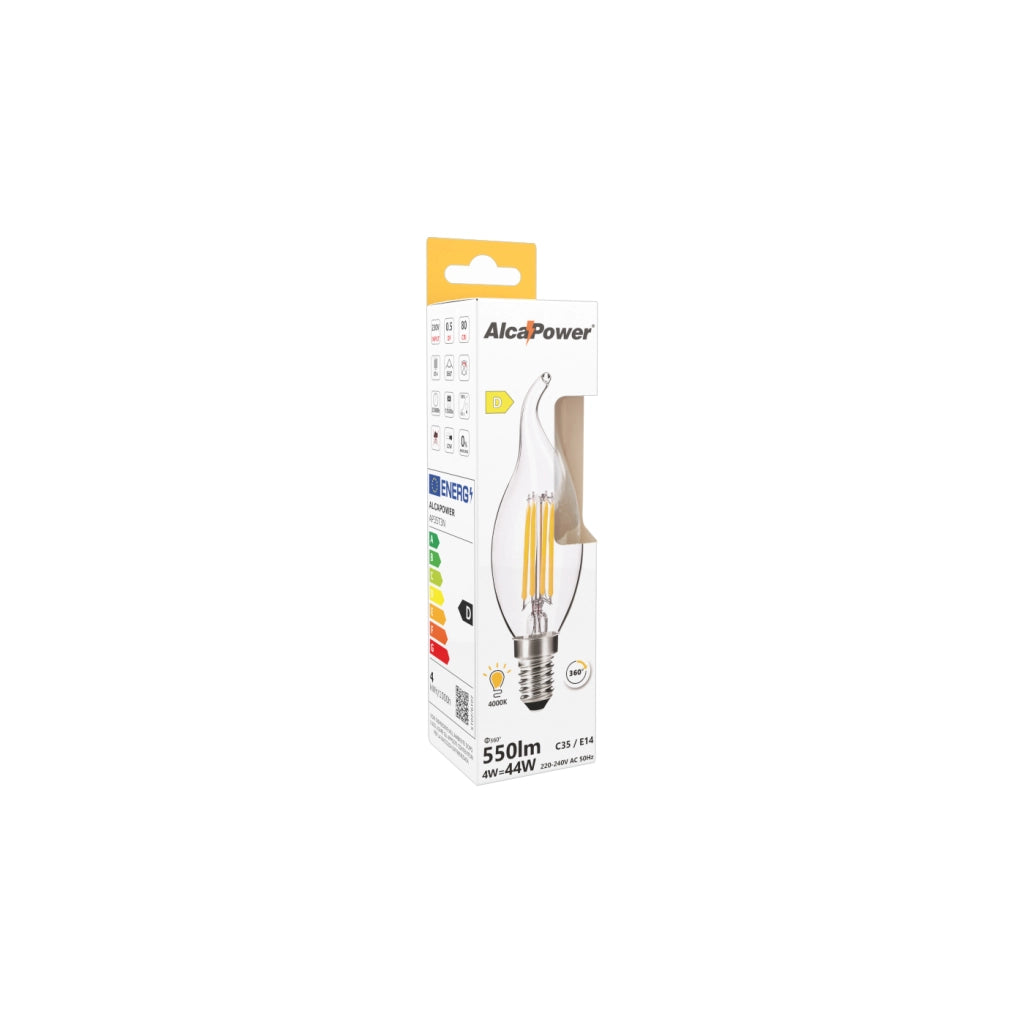 Alcapower Lampada Fiamma LED 4W 550lm 4000K E14 Filamento Bianco Naturale, efficienza energetica Classe D, design classico ed elegante Ø35x125mm