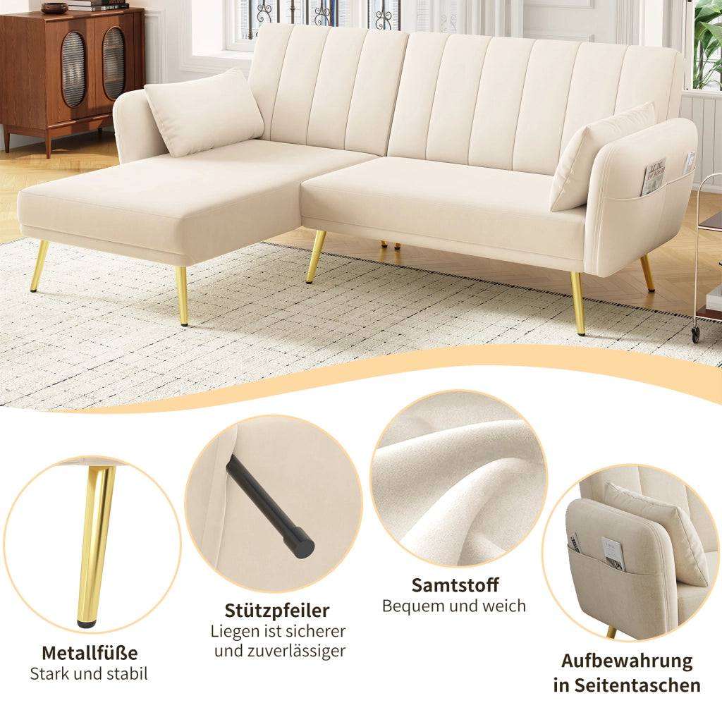 DIVANO LETTO angolare 191,5x130,5 cm in velluto beige con chaise longue reversibile