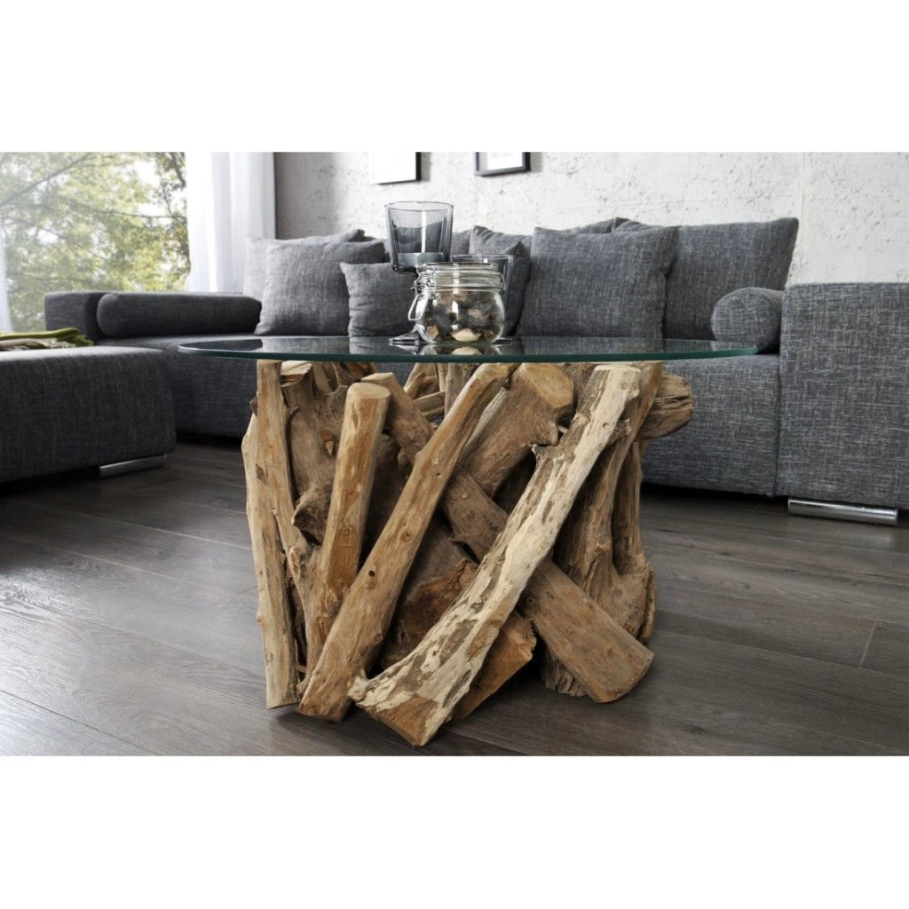 Tavolino basso rotondo ARBOREA 60 cm – Tavolino basso in legno di teak con piano in vetro temperato