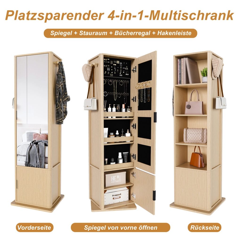 Armadio Specchio Girevole 4 in 1 ¨C Minimal ¨C Effetto Rovere, MDF, Multiuso, con Scaffali e Appendiabiti