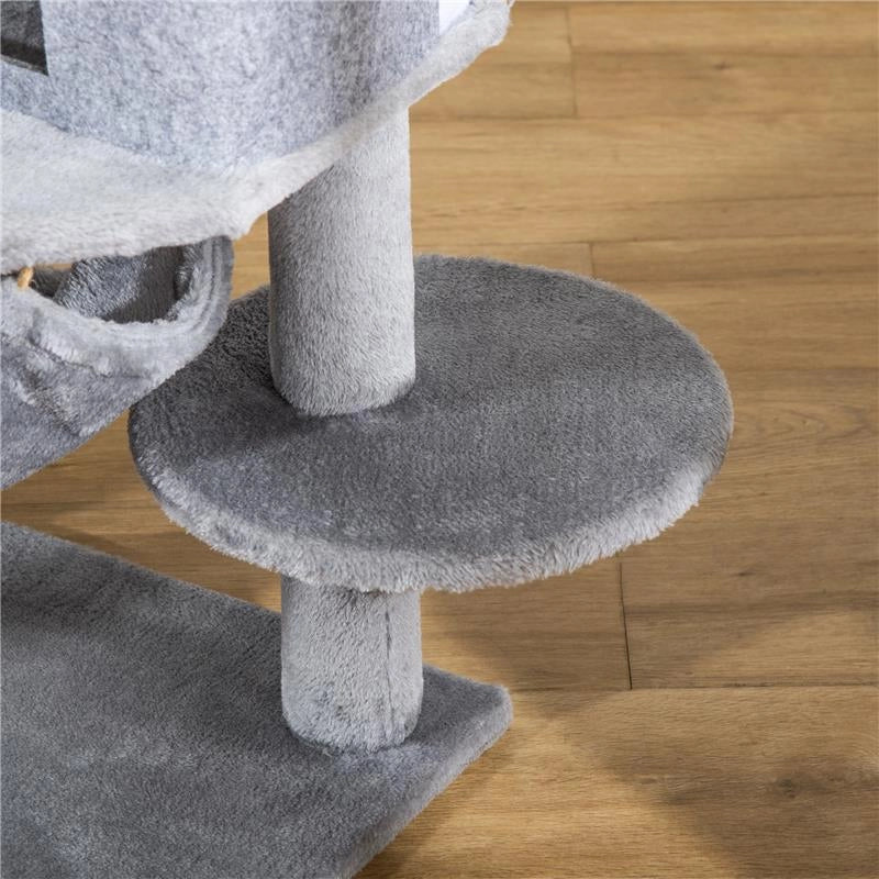 ALBERO TIRAGRAFFI PER GATTI CON PALO, CASETTA, LETTO, AMACA E 2 GIOCHI IN LEGNO E PELUCHE, 48X48X107 CM, GRIGIO
