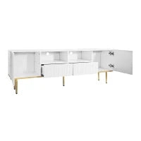 Mobiletto Porta TV Moderno con Piedini e Bordi Dorati, Due Ripiani e Due Cassetti, 165x36x55 cm, Bianco