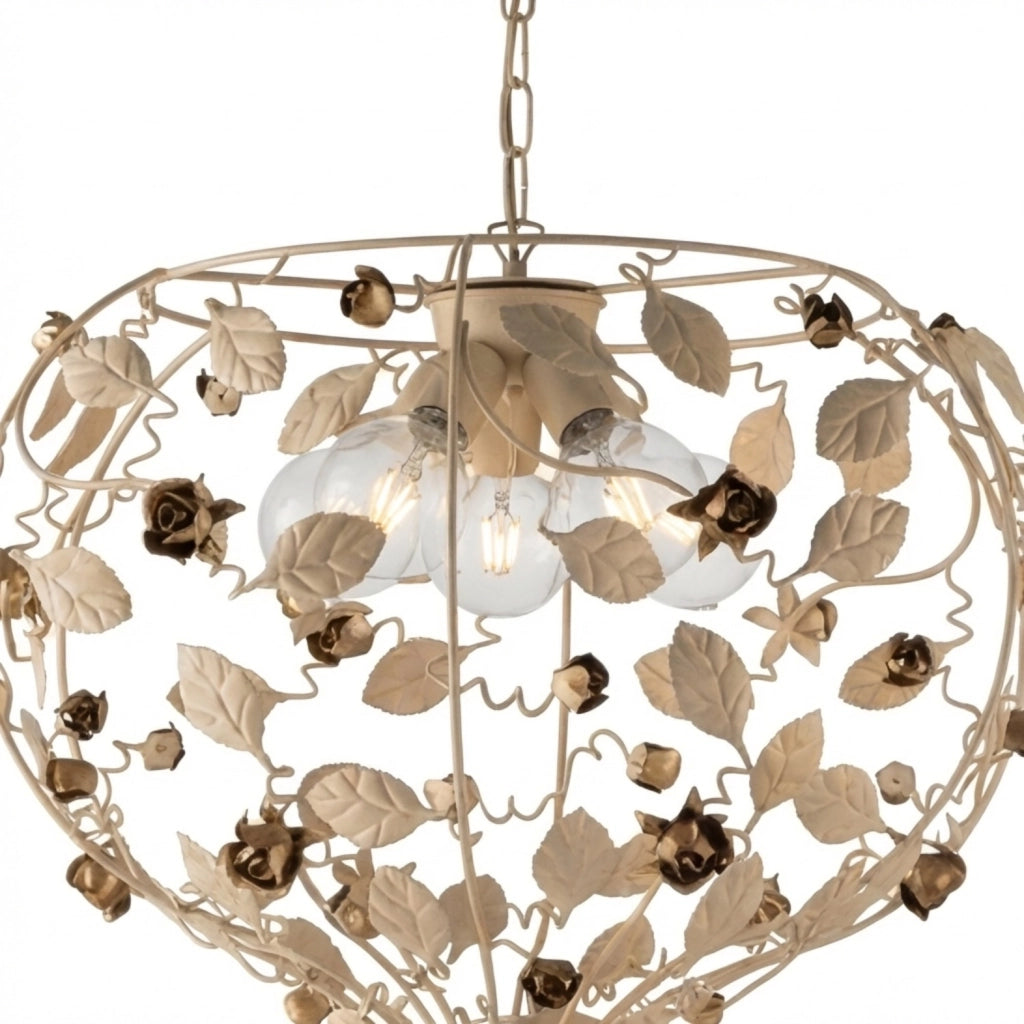 Lampadario Shabby Chic Bella Metallo Avorio Oro 5 Luci E27