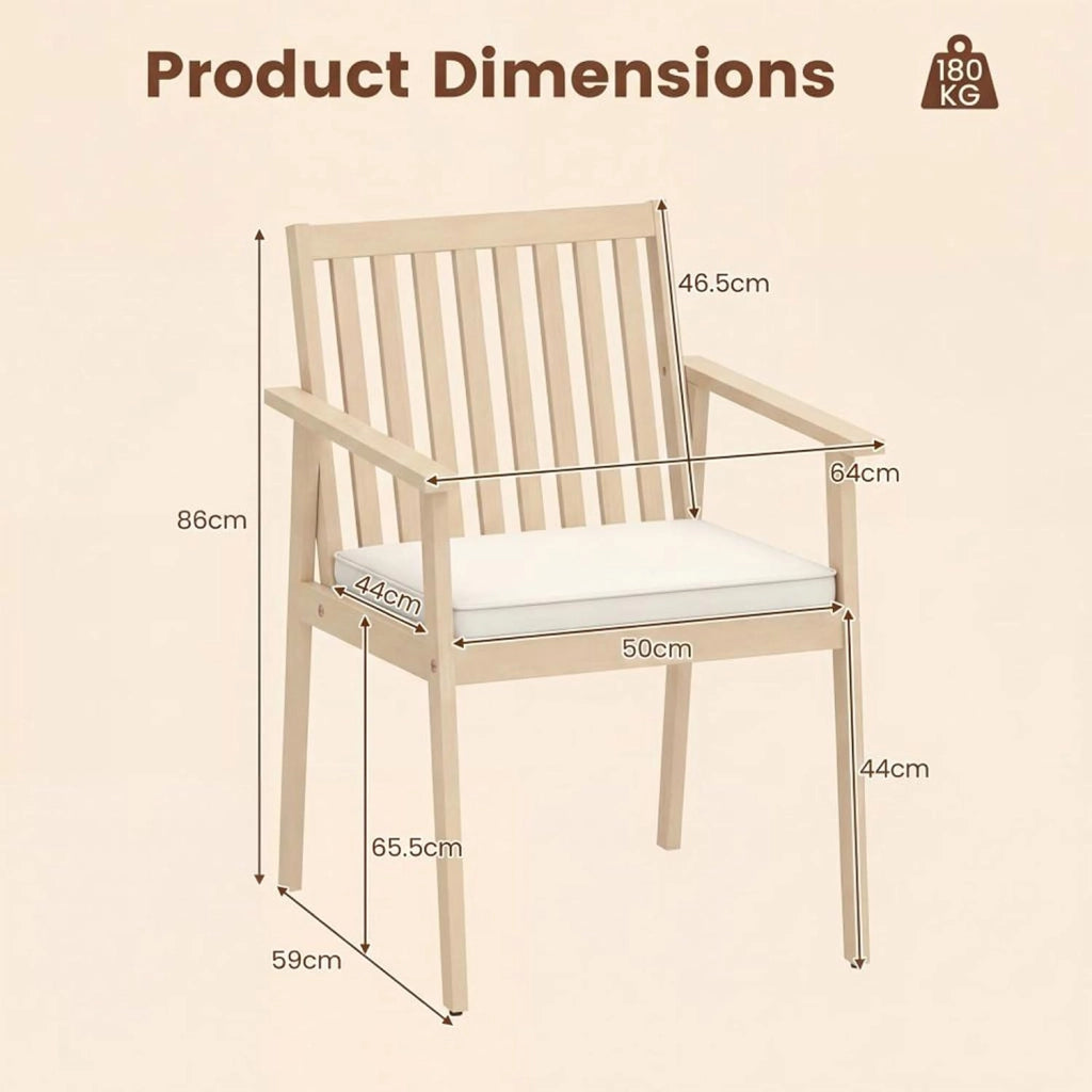 Set di 2 Sedie da Giardino Ergonomiche con Cuscino Rimovibile, Sedie da Pranzo con Braccioli, Poltrona in Legno di Acacia da Terrazza, Balcone, Cortile, Portata 180kg (Naturale)