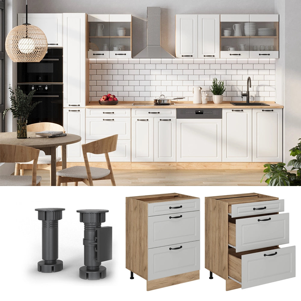 Vicco Mobiletto base per cucina Bianco casa di campagna 60 cm con cassetti, PL Rovere