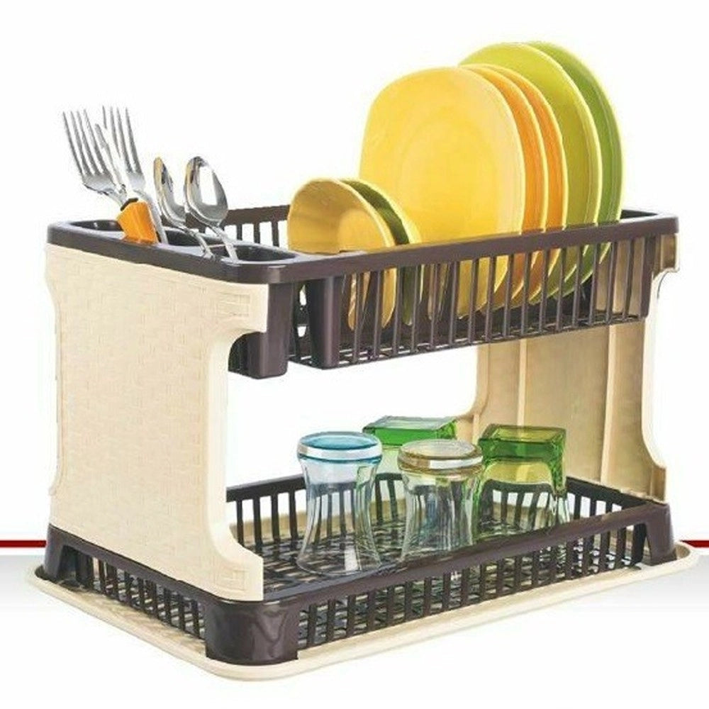 Trade Shop - Scolapiatti In Plastica Effetto Rattan 2 Ripiani Piatti Posate Bicchieri Marrone -