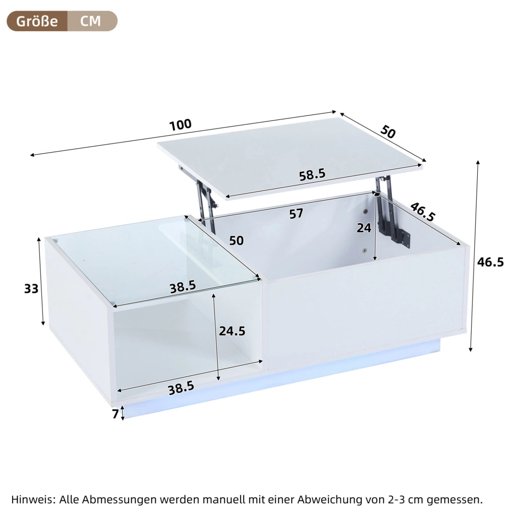 Tavolino da salotto sollevabile con LED smart; 100x50x33 cm; bianco lucido in truciolare