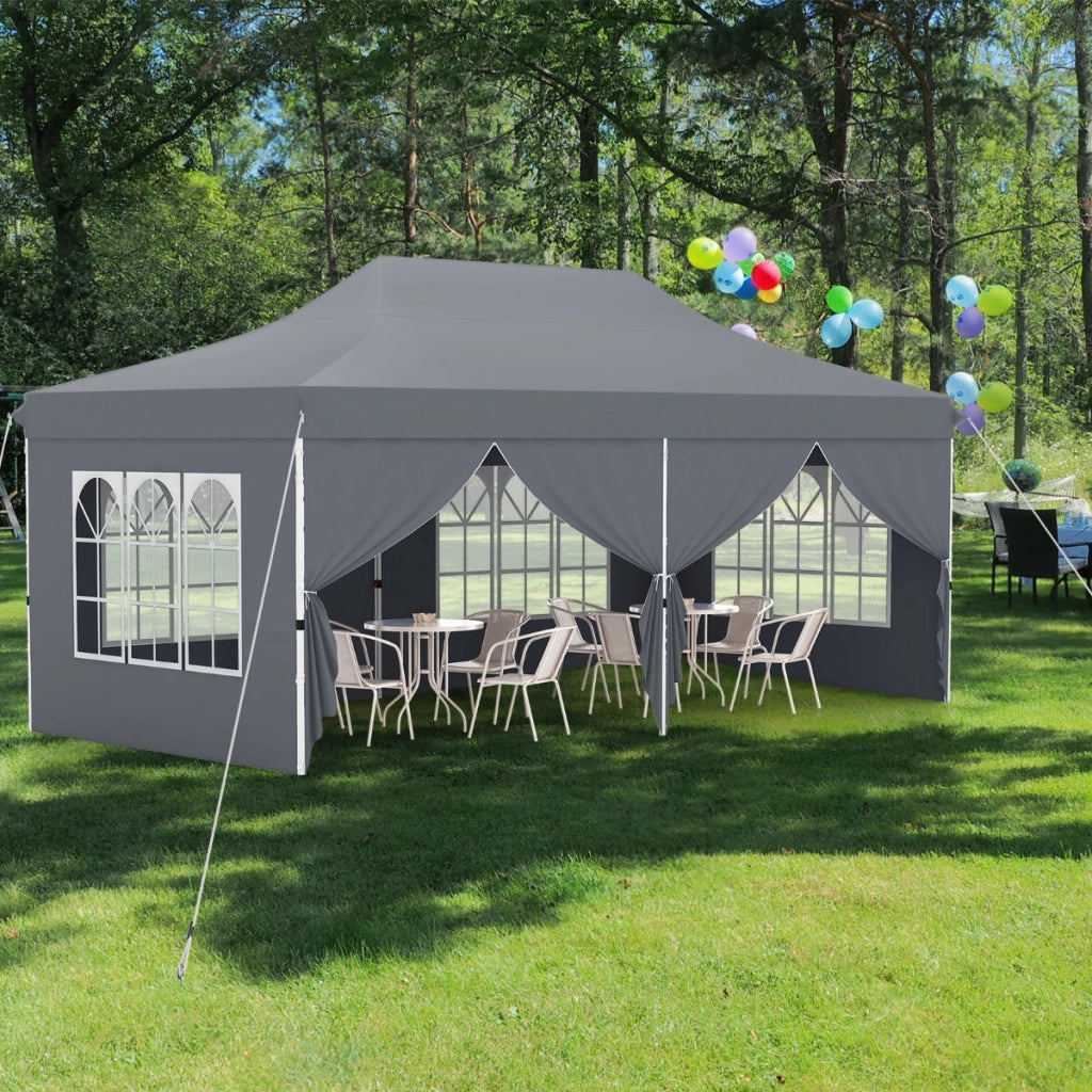Tenda a scomparsa 3x6m con 6 pareti laterali rimovibili borsa da trasporto, Tenda gazebo pieghevole per feste Grigio-Gazebo