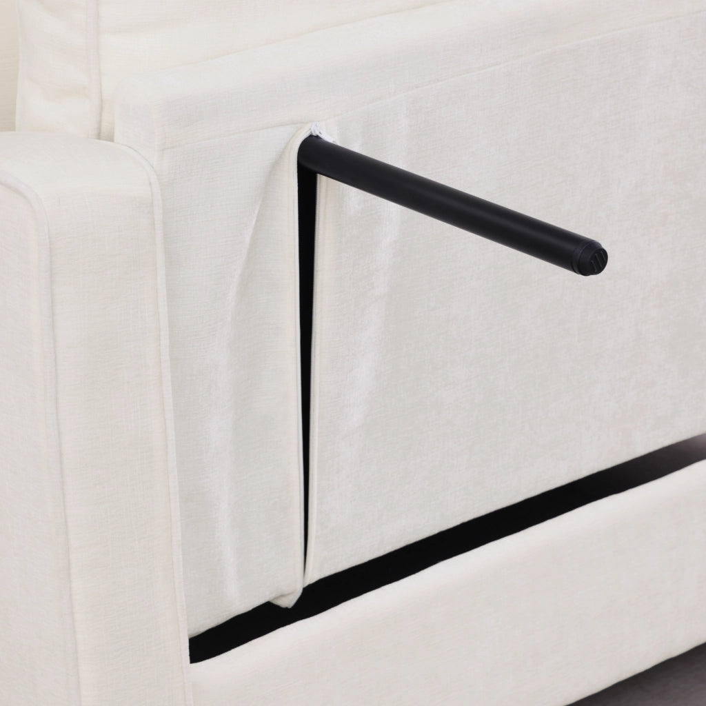 Divano Letto 2 in 1 con Pouf Contenitore, Conversione Rapida, in Legno di Eucalipto e Tessuto, Beige