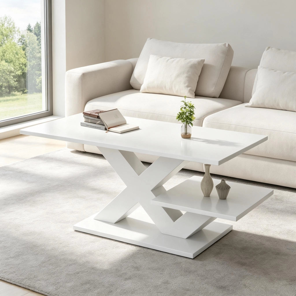 Tavolino basso rettangolare con doppio piano e struttura a x, in MDF lucido, per soggiorno, bianco 100 × 48 × 45 cm