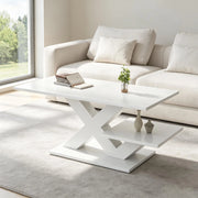 Tavolino basso rettangolare con doppio piano e struttura a x, in MDF lucido, per soggiorno, bianco 100 × 48 × 45 cm