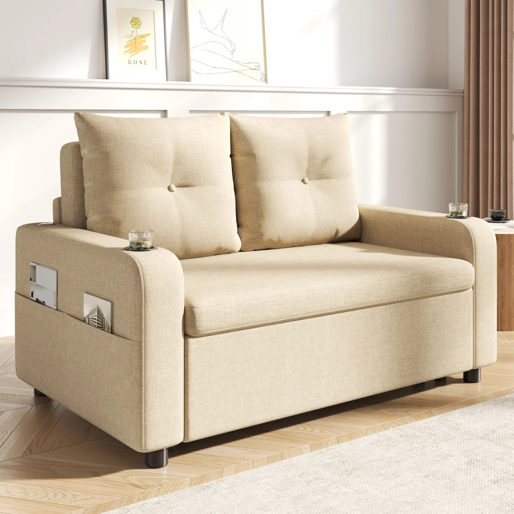 Divano letto 2 posti - con funzione relax e USB - con portabicchieri e tasche - beige