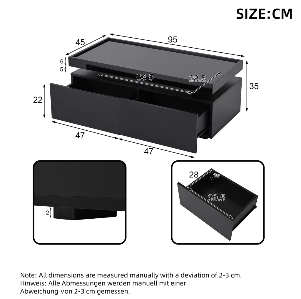 Tavolino da salotto moderno con LED, 2 cassetti e vano aperto