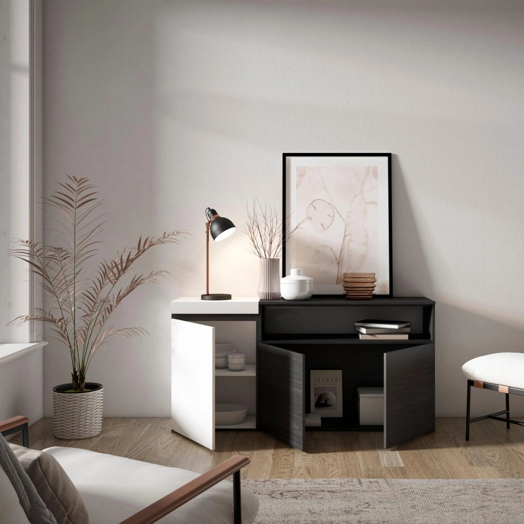 Credenza, Mobile, 150x35x75cm, 3 Porte, grande stoccaggio, Bianco e nero RF2504
