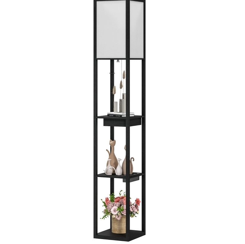 Lampada da terra ULEVR 26x26x159 cm con 3 ripiani, cassetto, USB-A, USB-C e presa, nero