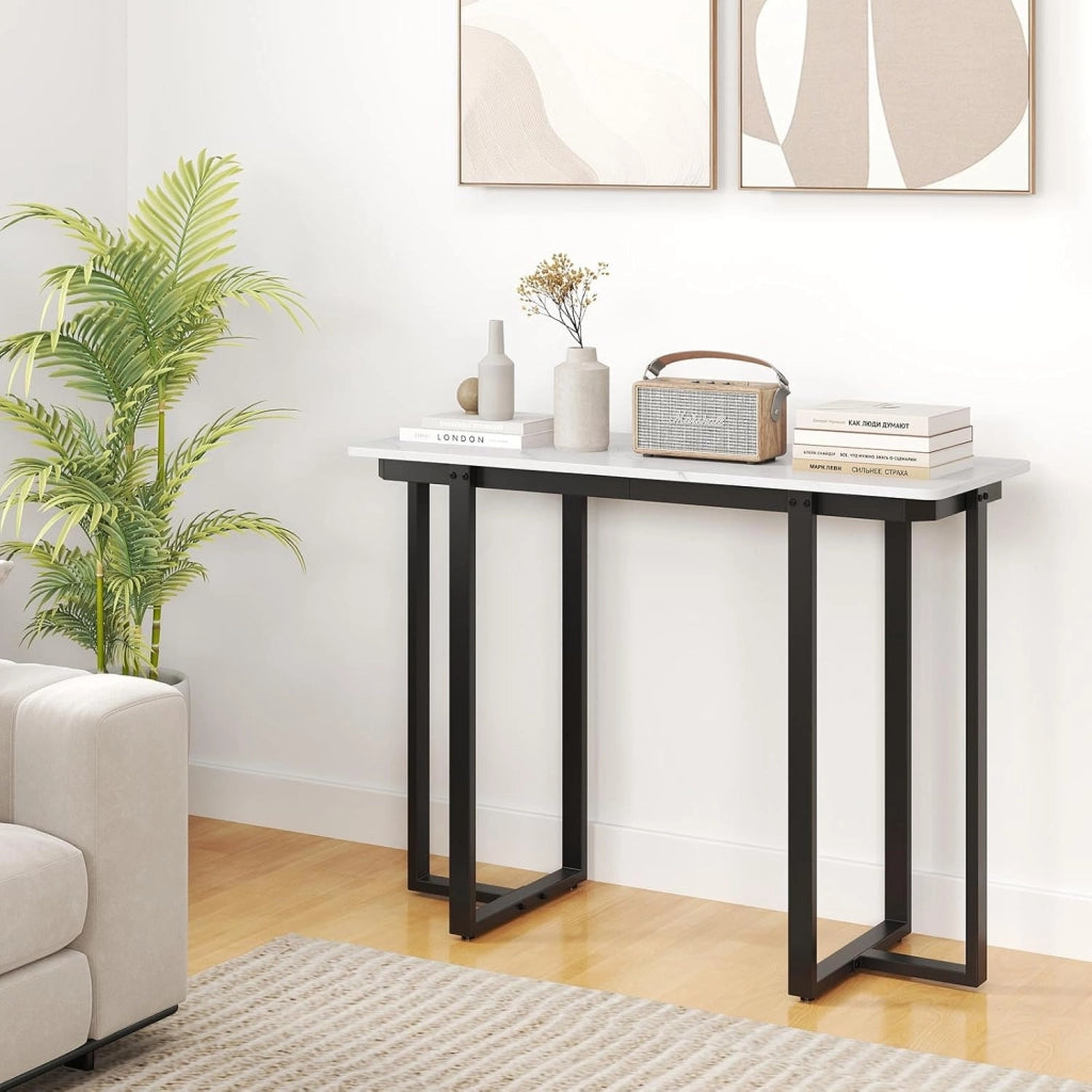 Tavolo Consolle, Tavolo d'Ingresso Moderno in Marmo Finto con Telaio Geometrico in Metallo, Tavolo Stretto per Soggiorno, Corridoio e Ingresso, 107 x 40 x 79,5 cm (Nero e bianco)